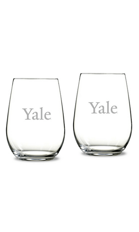 YALE GIFT SET OF 2 ETCHED 13.25 OZ RIEDEL STEMLESS WINE GLASSES - ONLINE ONLY!