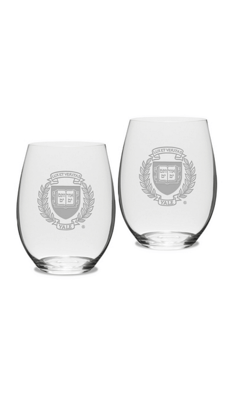 YALE GIFT SET OF 2 ETCHED 21 OZ RIEDEL STEMLESS WINE GLASSES - ONLINE ONLY!