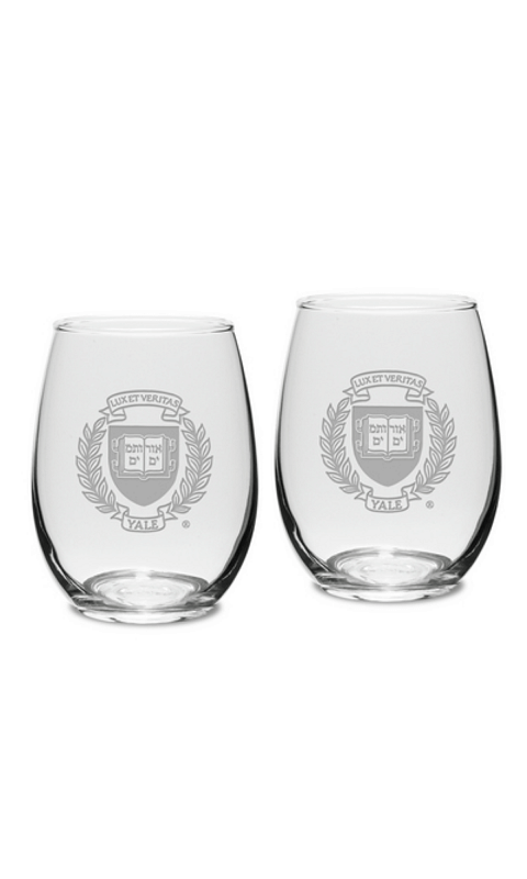 YALE SET OF 2 ETCHED 15 OZ STEMLESS WHITE WINE GLASSES - ONLINE ONLY!