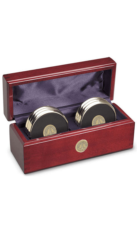 Stanfard University- Set of Six Gold-Tone Round Coasters in Rosewood Box - ONLINE ONLY!